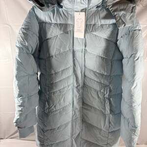 Women’s Puffer Parka Coat Faux Fur Hood Light Blue Size 14–16 31” Long